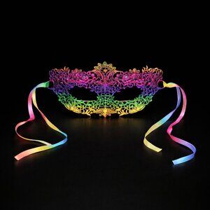 New Elegant Venetian Style Lace Masquerade Mask with Rainbow Sheer Ribbons